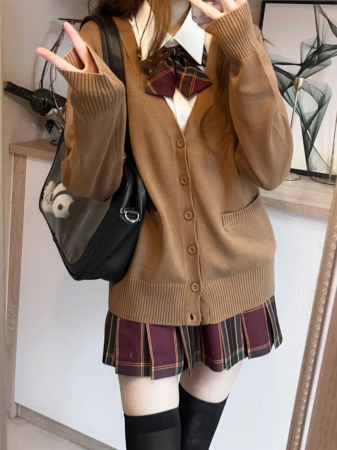 Japanese Snacks - 日本のファッション、無地のVネックニットセーター、オリジナルの新作JK制服風カーディガン、秋・冬用の女性向けコットンセーター。