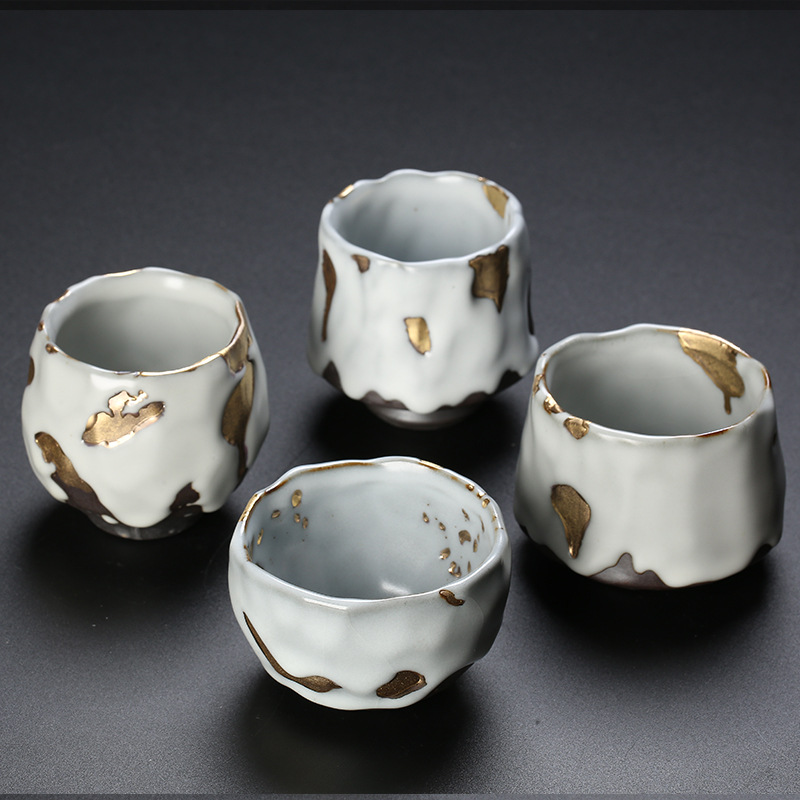 Japanese Tea - 篠焼の金彩を施した、手作りの和風茶器セット。素朴な趣があり、カンフー茶の試飲に最適。