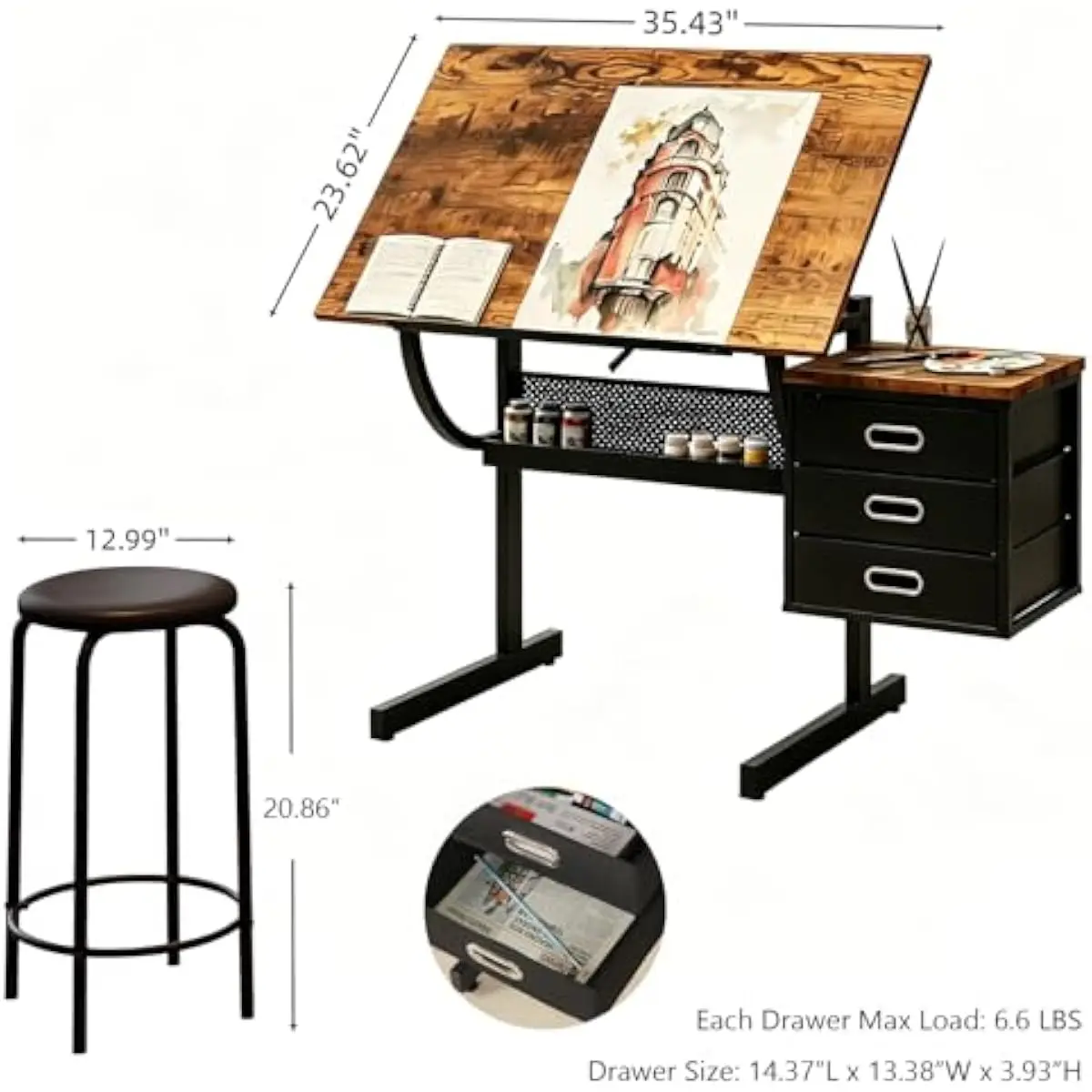 0-75度調整可能な製図用デスク °   チルトトップ、スチ - Matcha のレビューと価格
